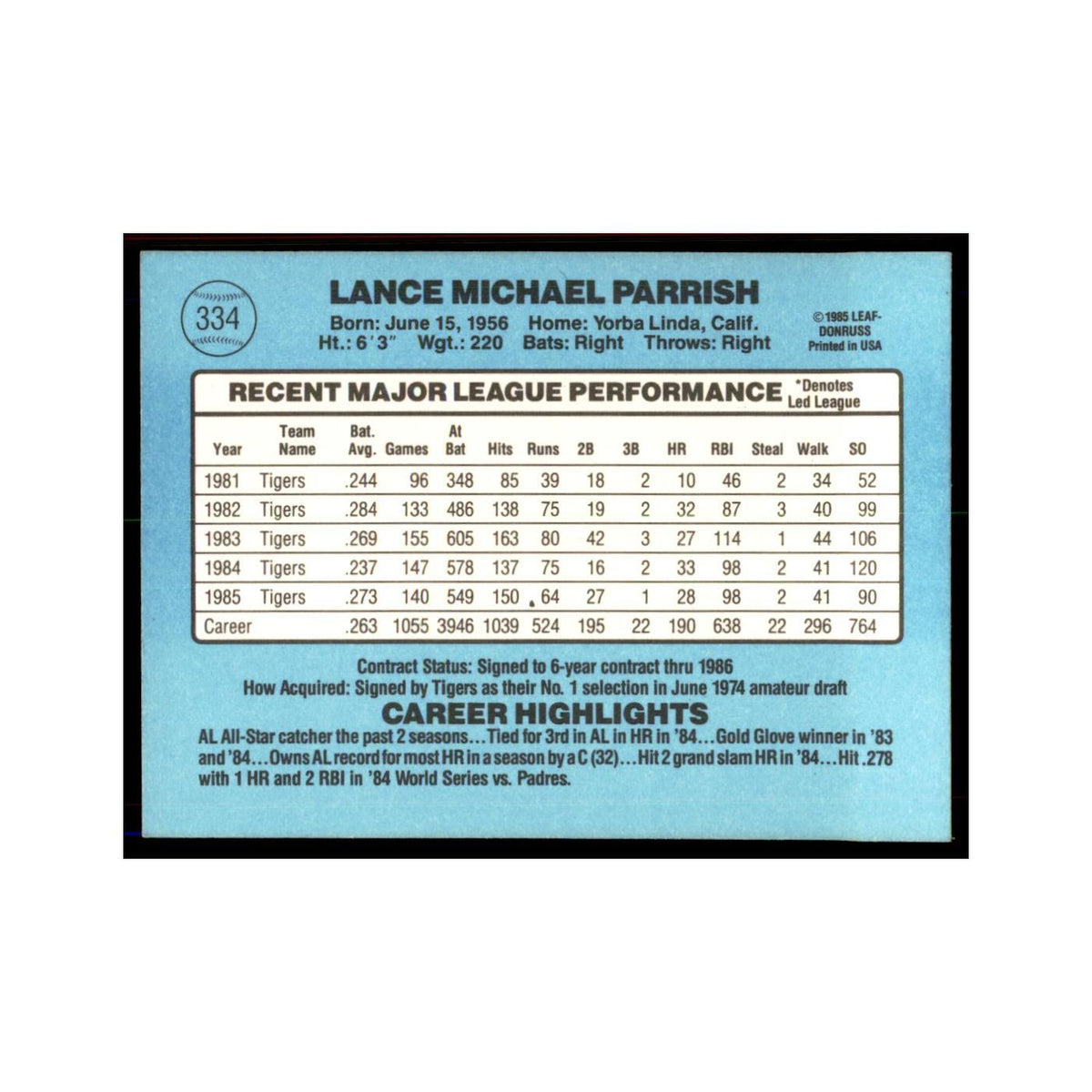 1986 Donruss Lance Parrish Tigers #334