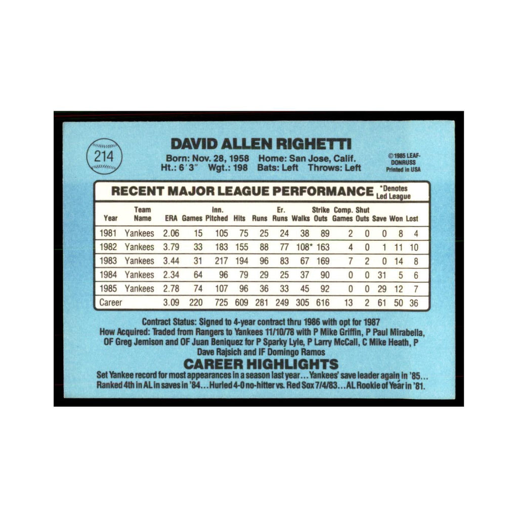 1986 Donruss Dave Righetti Yankees #214