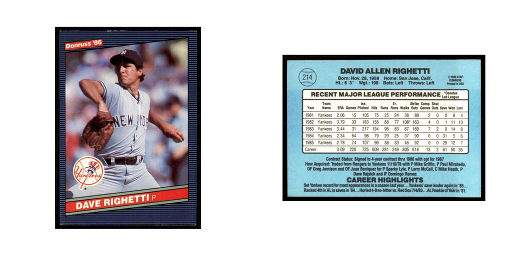 1986 Donruss Dave Righetti Yankees #214