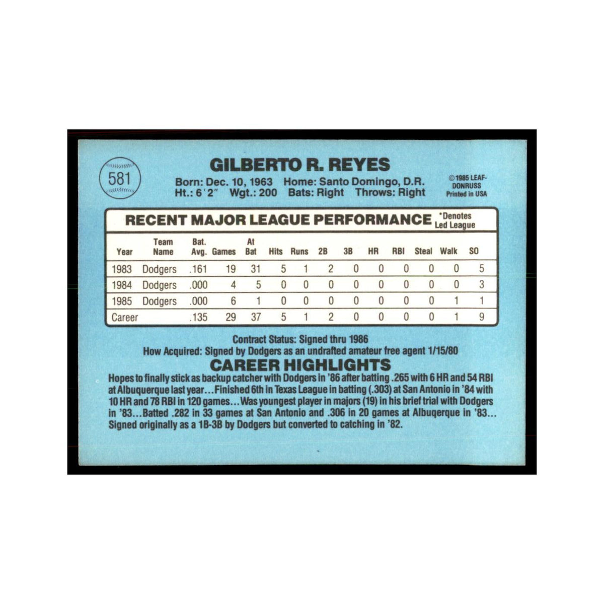 1986 Donruss Gilberto Reyes RC Dodgers #581