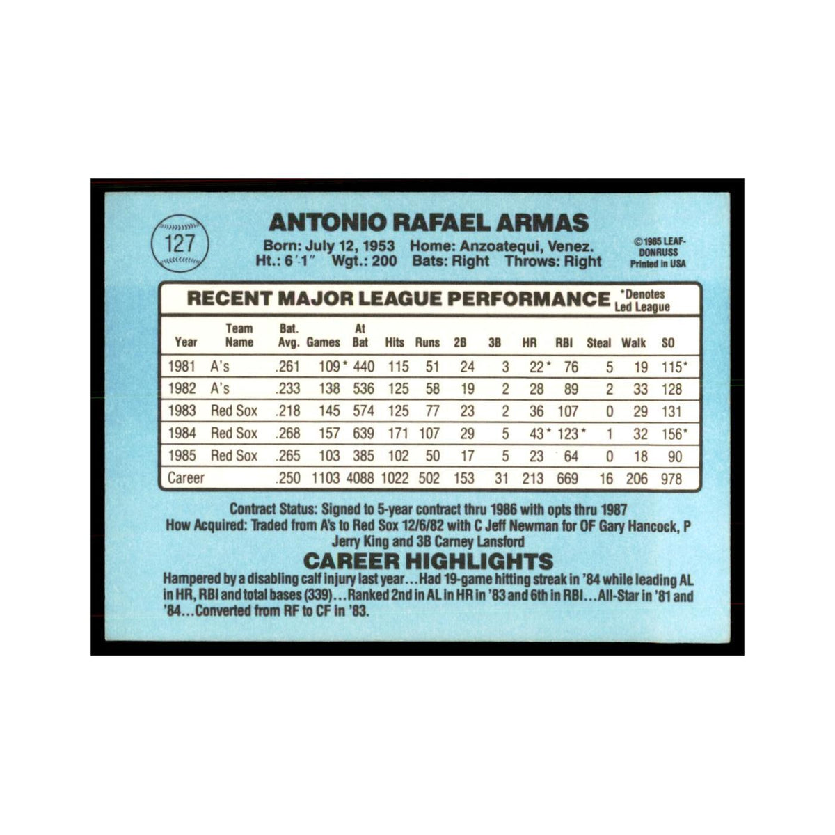 1986 Donruss Tony Armas Red Sox #127