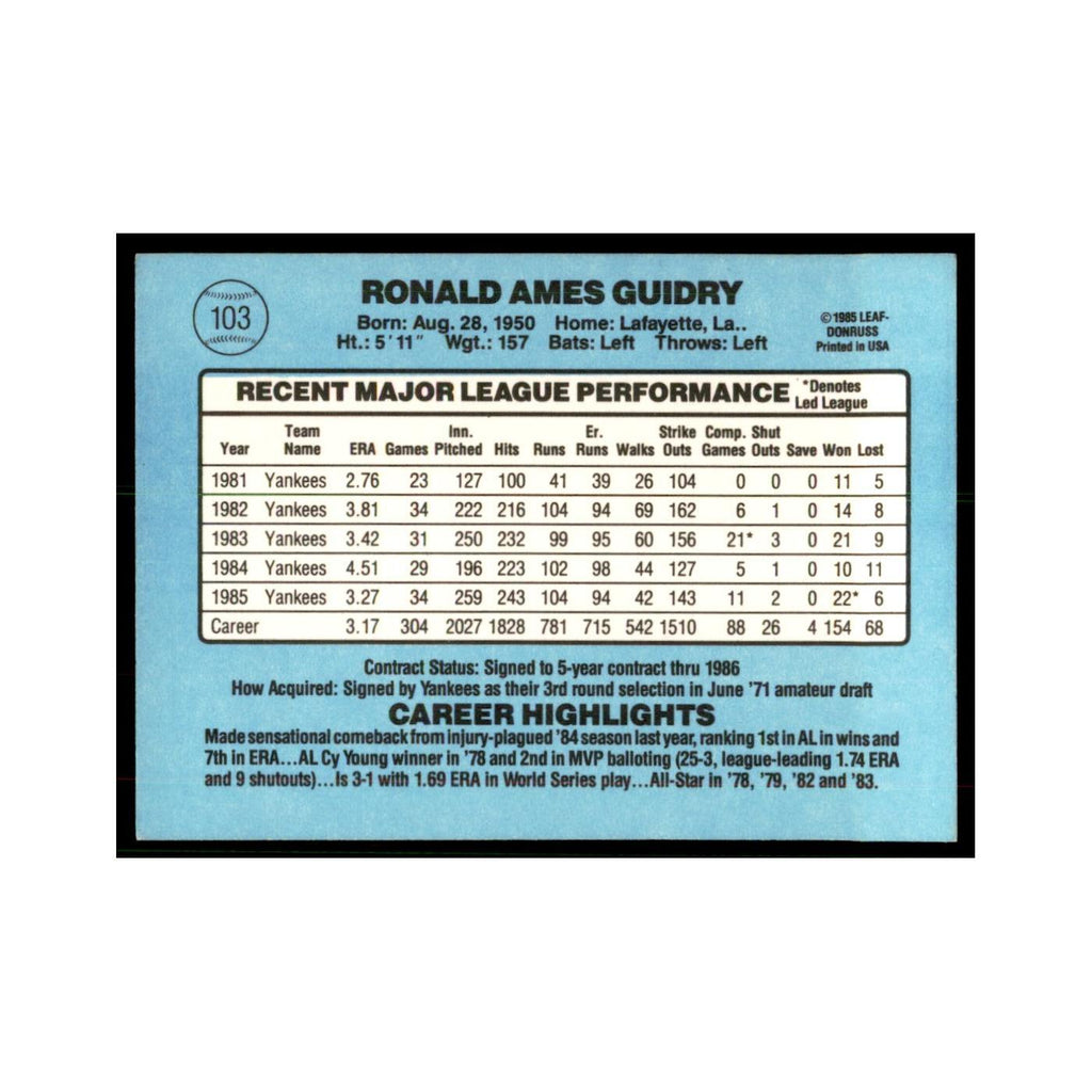 1986 Donruss Ron Guidry Yankees #103