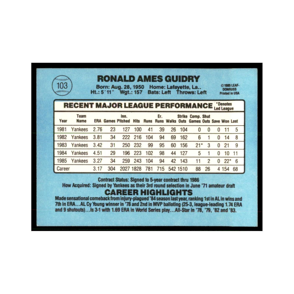 1986 Donruss Ron Guidry Yankees #103
