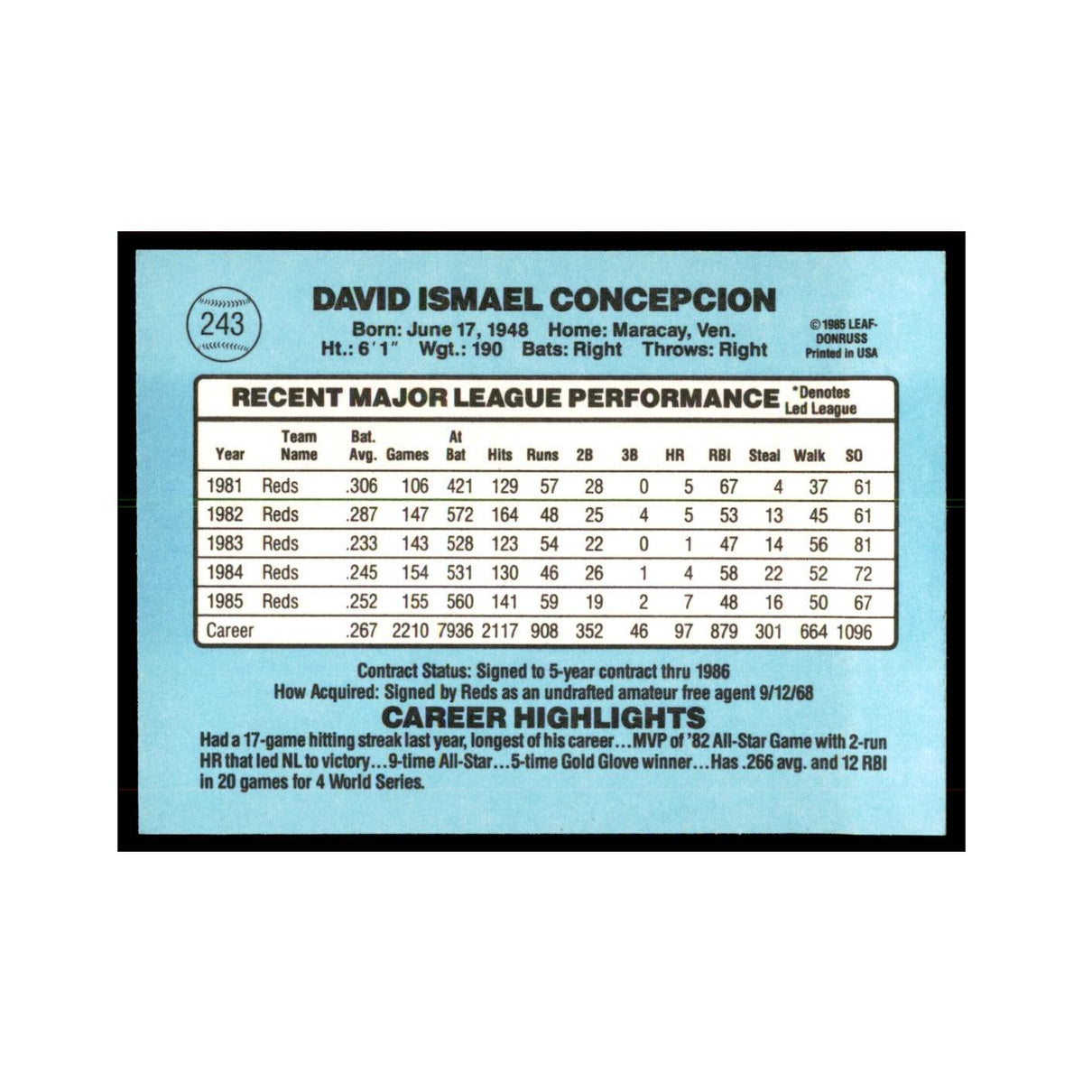 1986 Donruss Dave Concepcion Reds #243