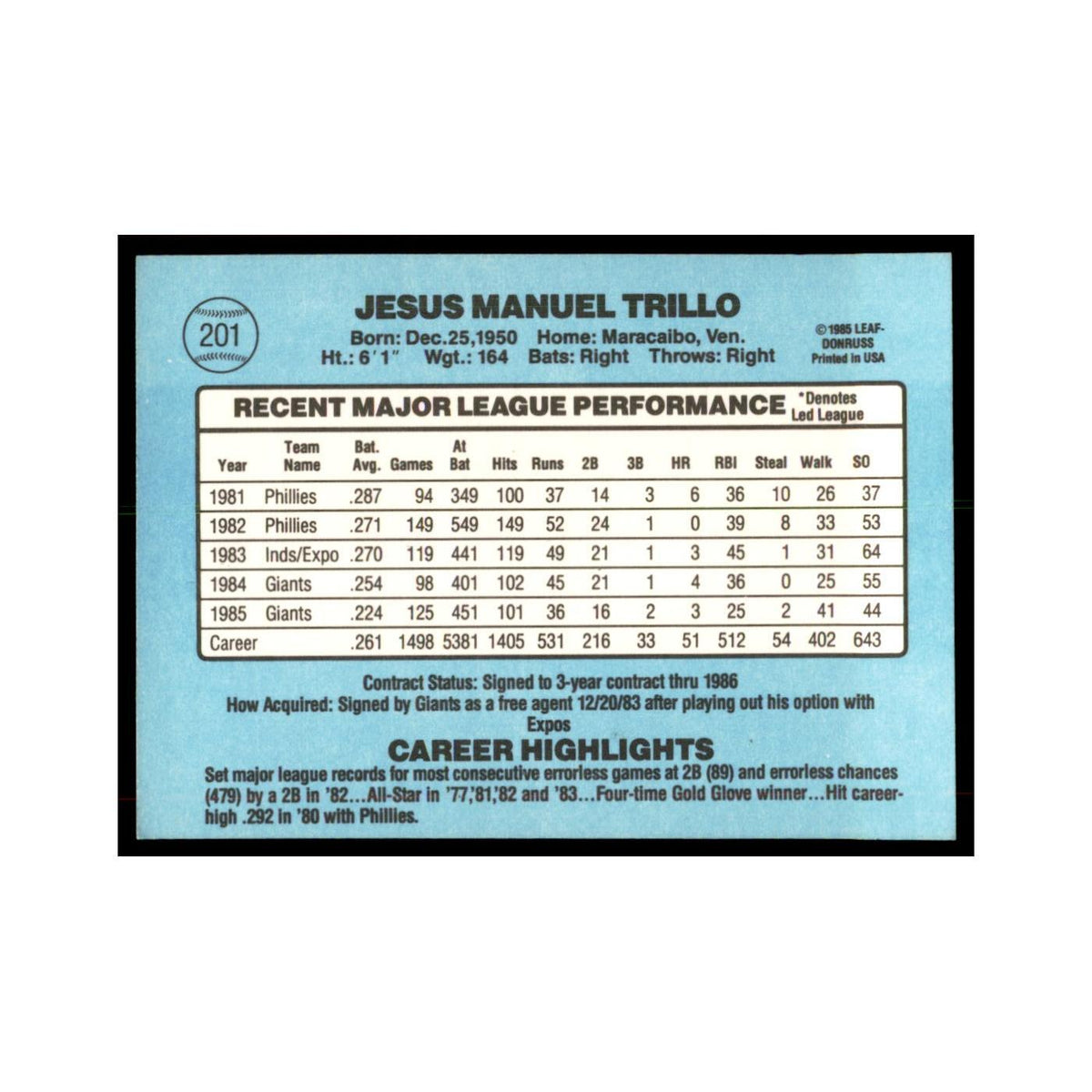 1986 Donruss Manny Trillo Giants #201