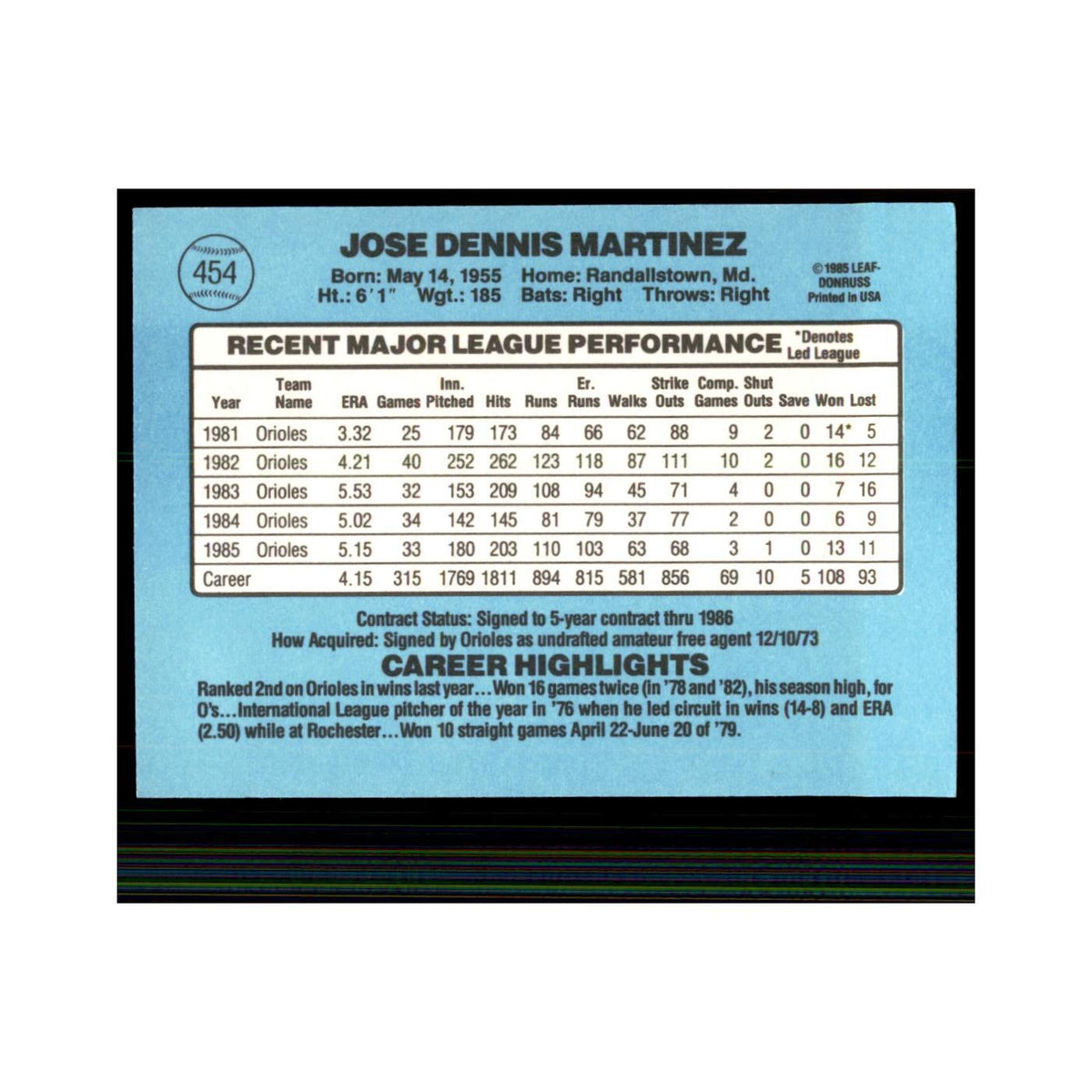 1986 Donruss Dennis Martinez Orioles #454