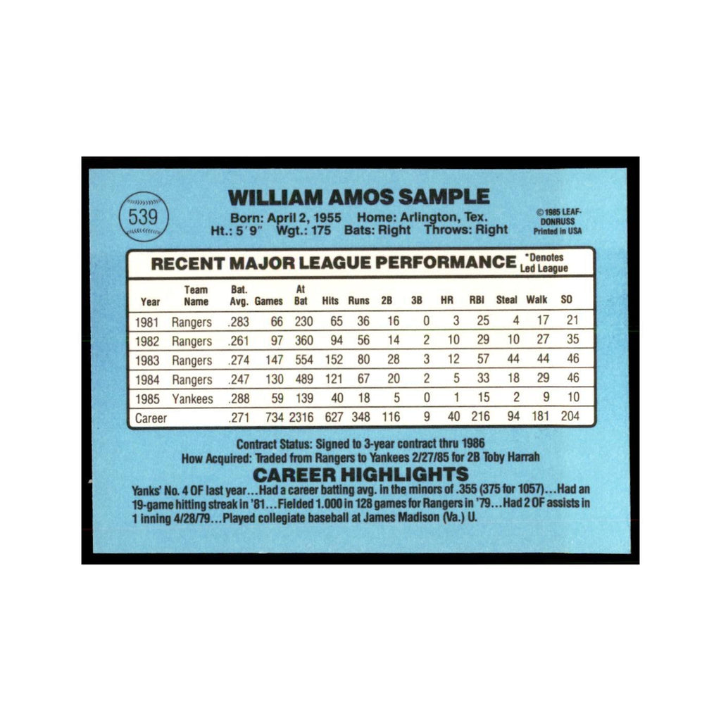 1986 Donruss Billy Sample Yankees #539
