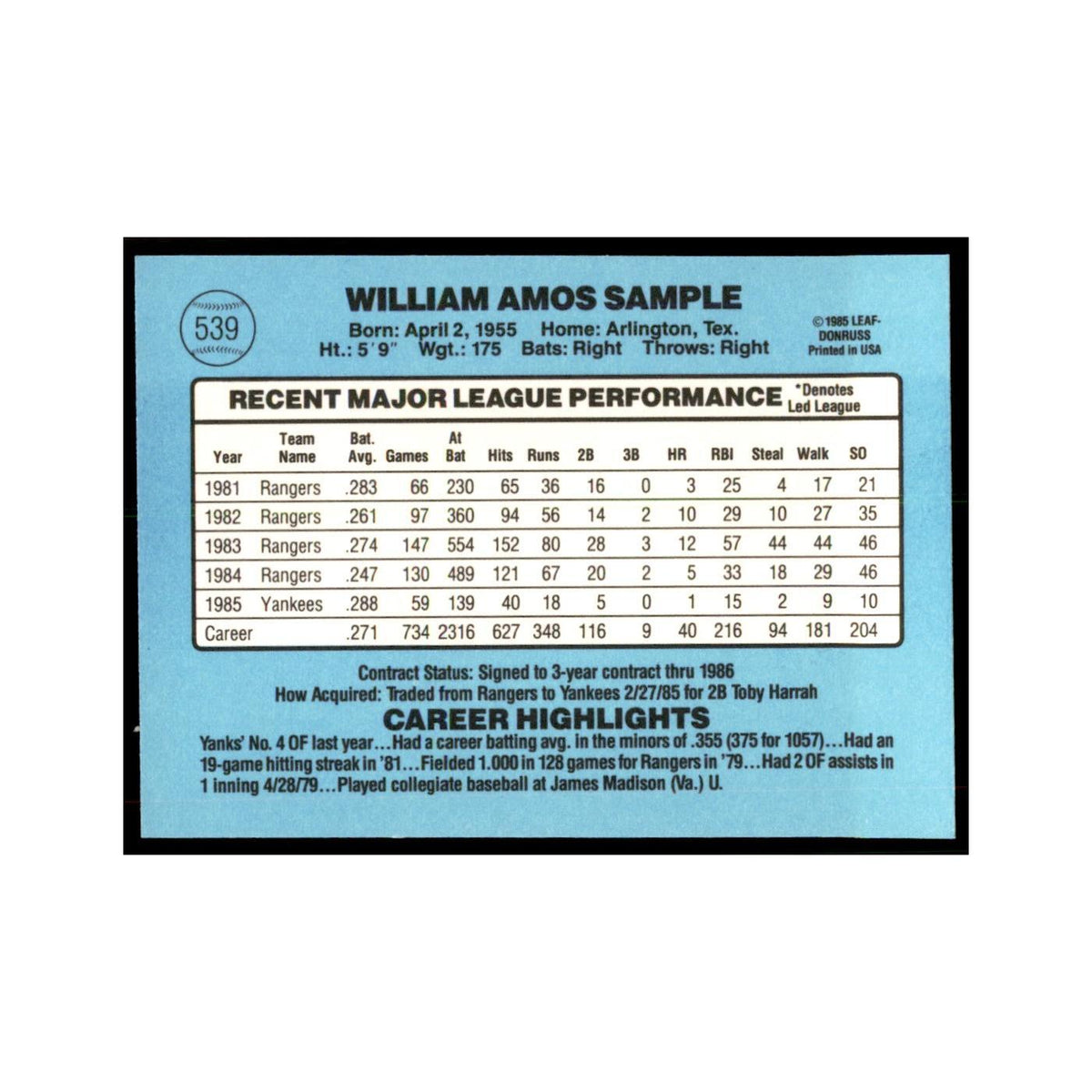 1986 Donruss Billy Sample Yankees #539