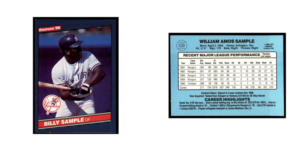 1986 Donruss Billy Sample Yankees #539