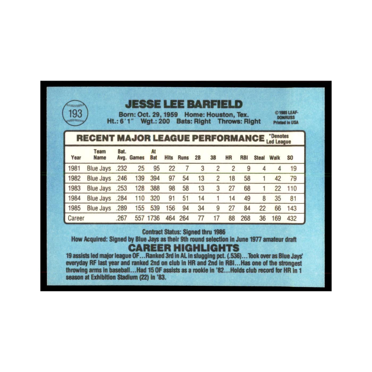1986 Donruss Jesse Barfield Blue Jays #193