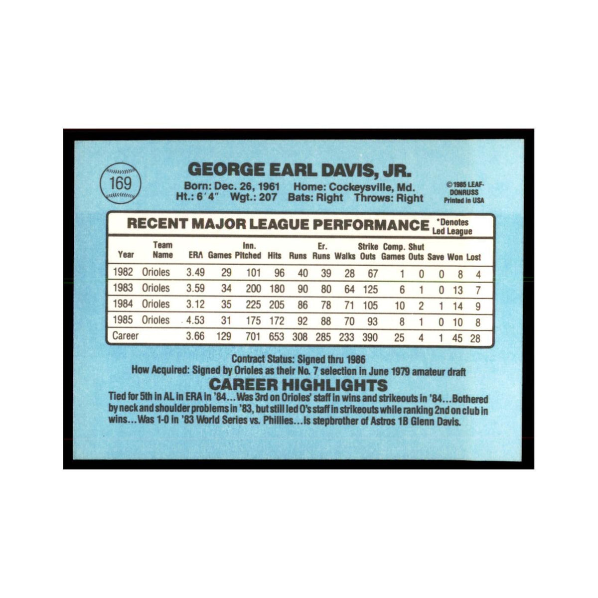 1986 Donruss Storm Davis Orioles #169