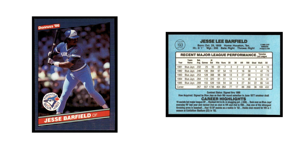 1986 Donruss Jesse Barfield Blue Jays #193