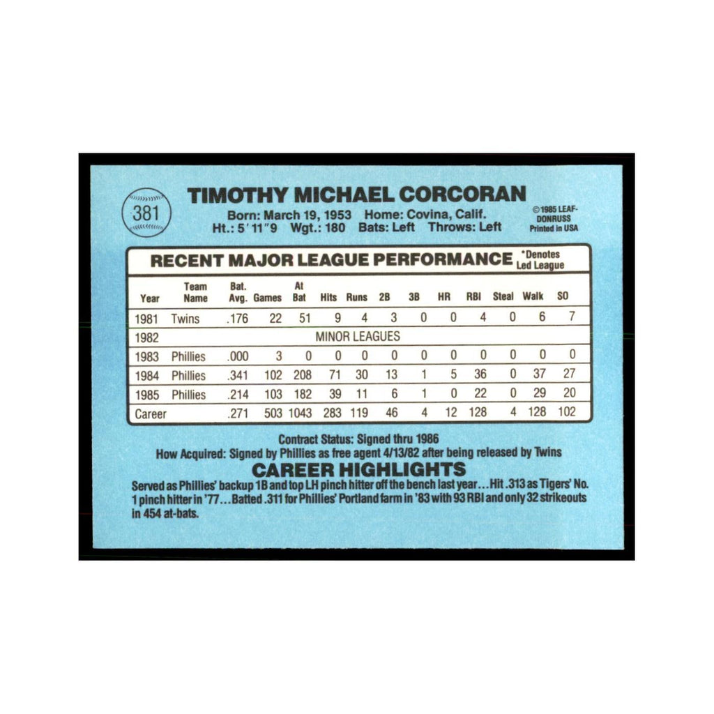 1986 Donruss Tim Corcoran Phillies #381