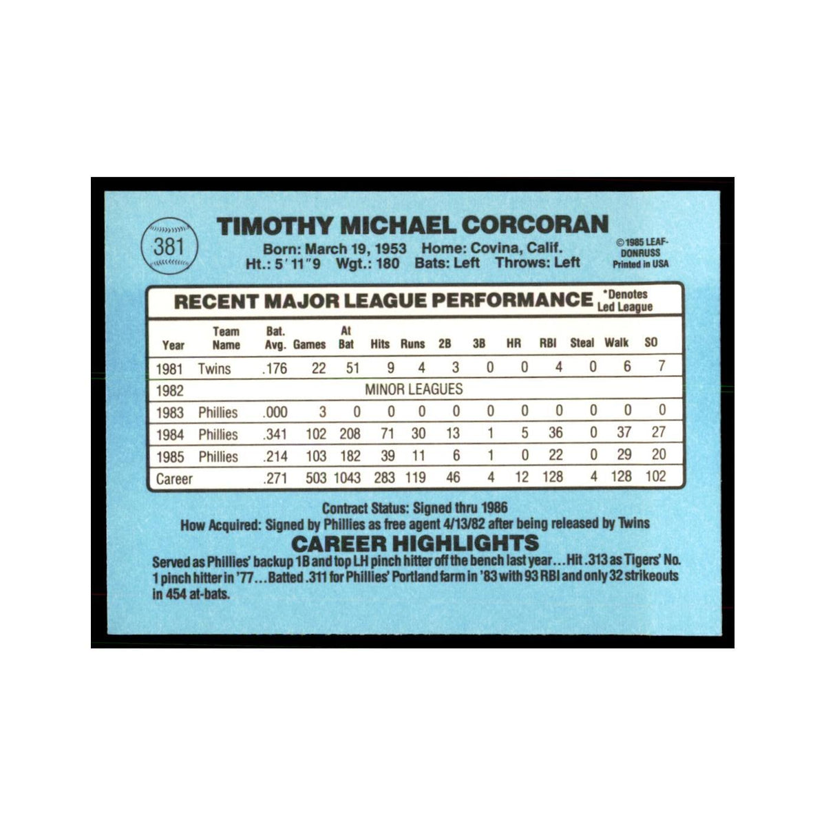 1986 Donruss Tim Corcoran Phillies #381