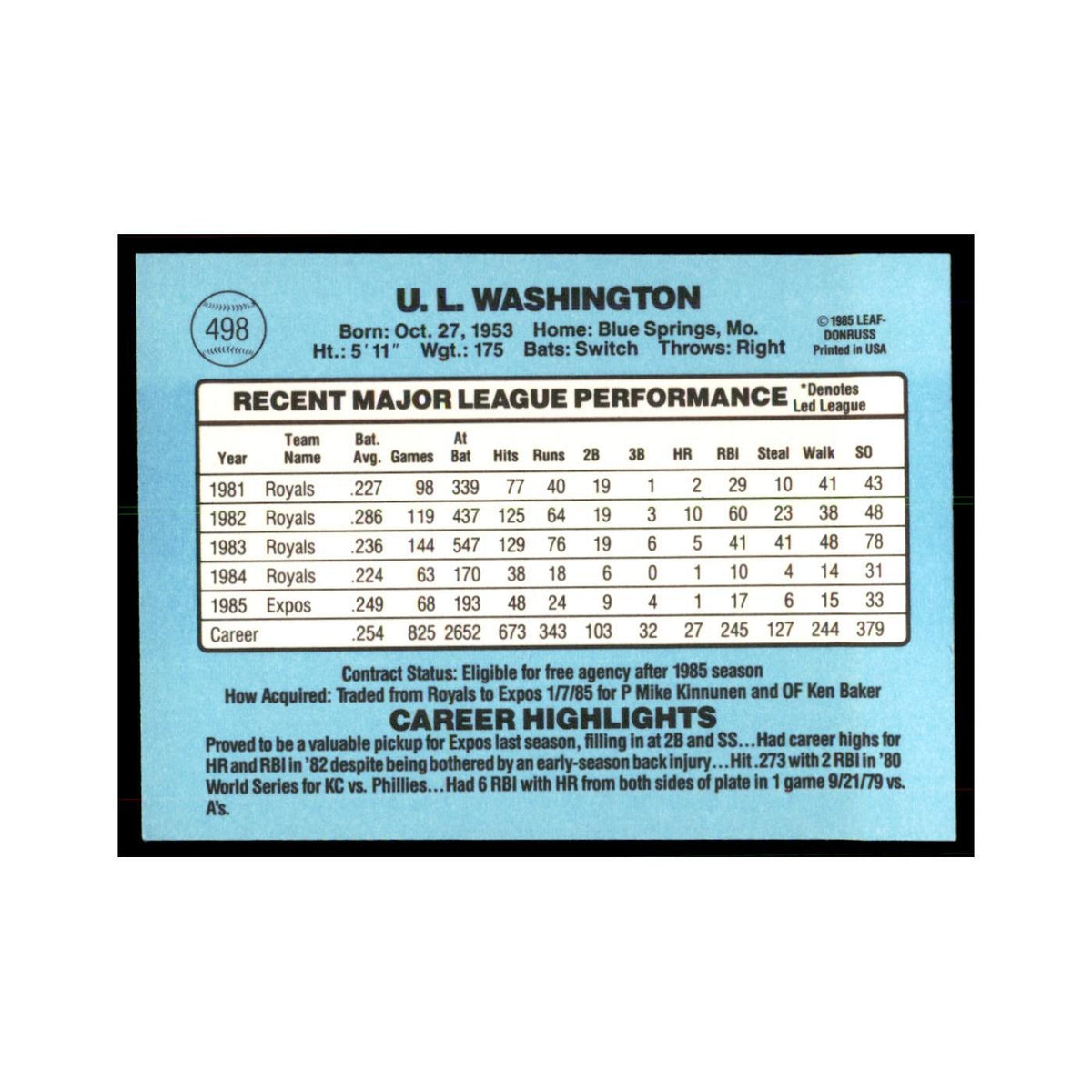 1986 Donruss U.L. Washington Montreal Expos #498