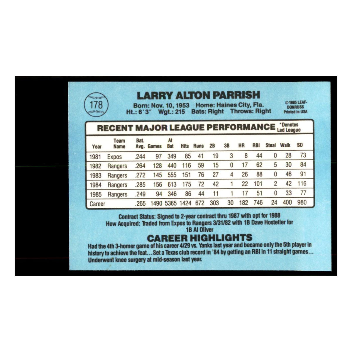 1986 Donruss Larry Parrish Rangers #178