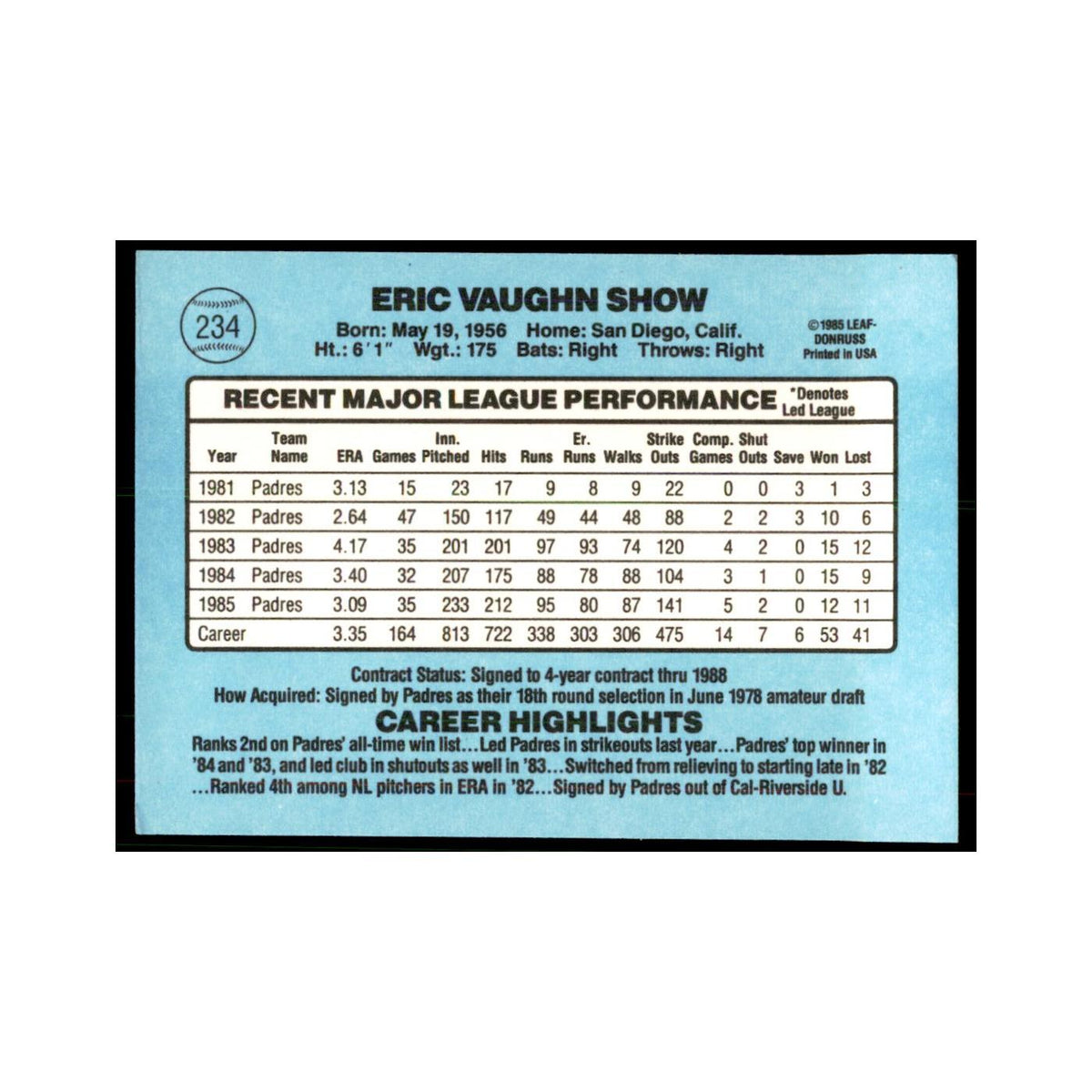 1986 Donruss Eric Show Padres #234