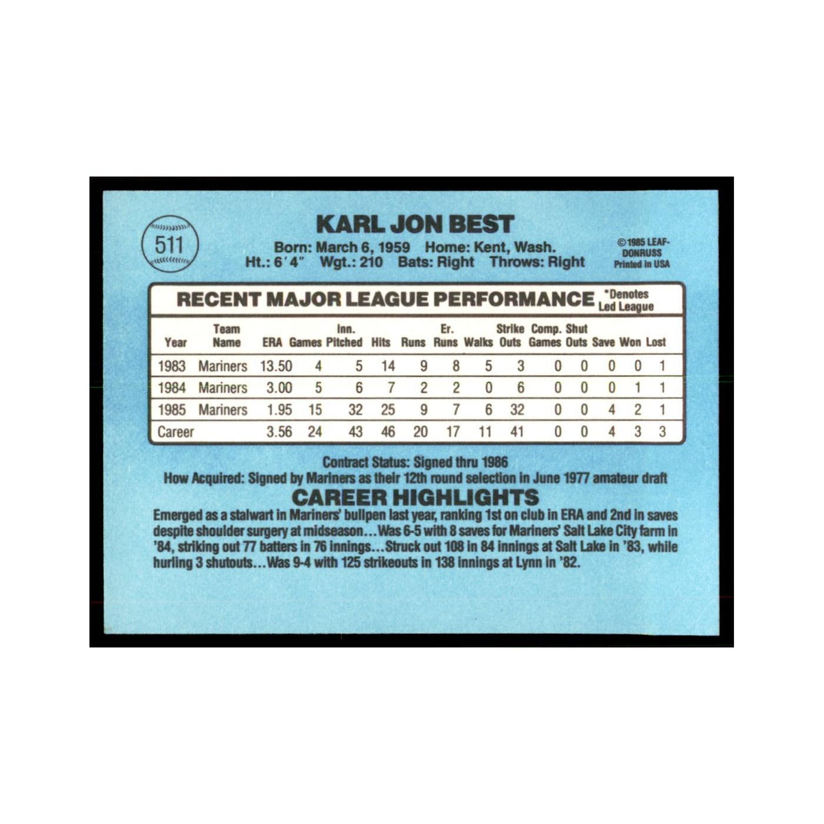 1986 Donruss Karl Best RC Mariners #511