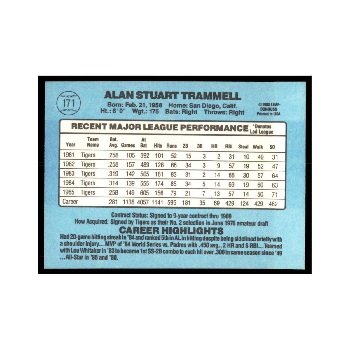 1986 Donruss Alan Trammell Tigers #171