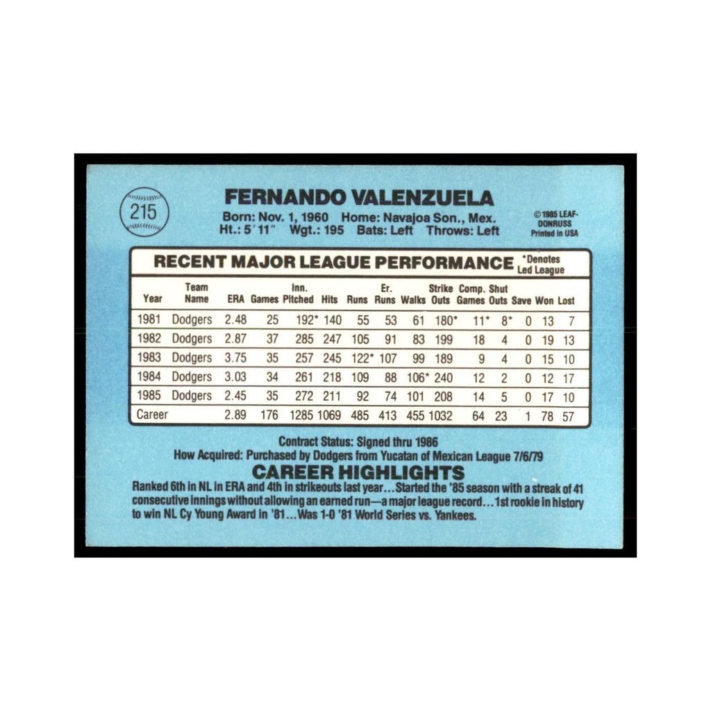 1986 Donruss Fernando Valenzuela Dodgers #215
