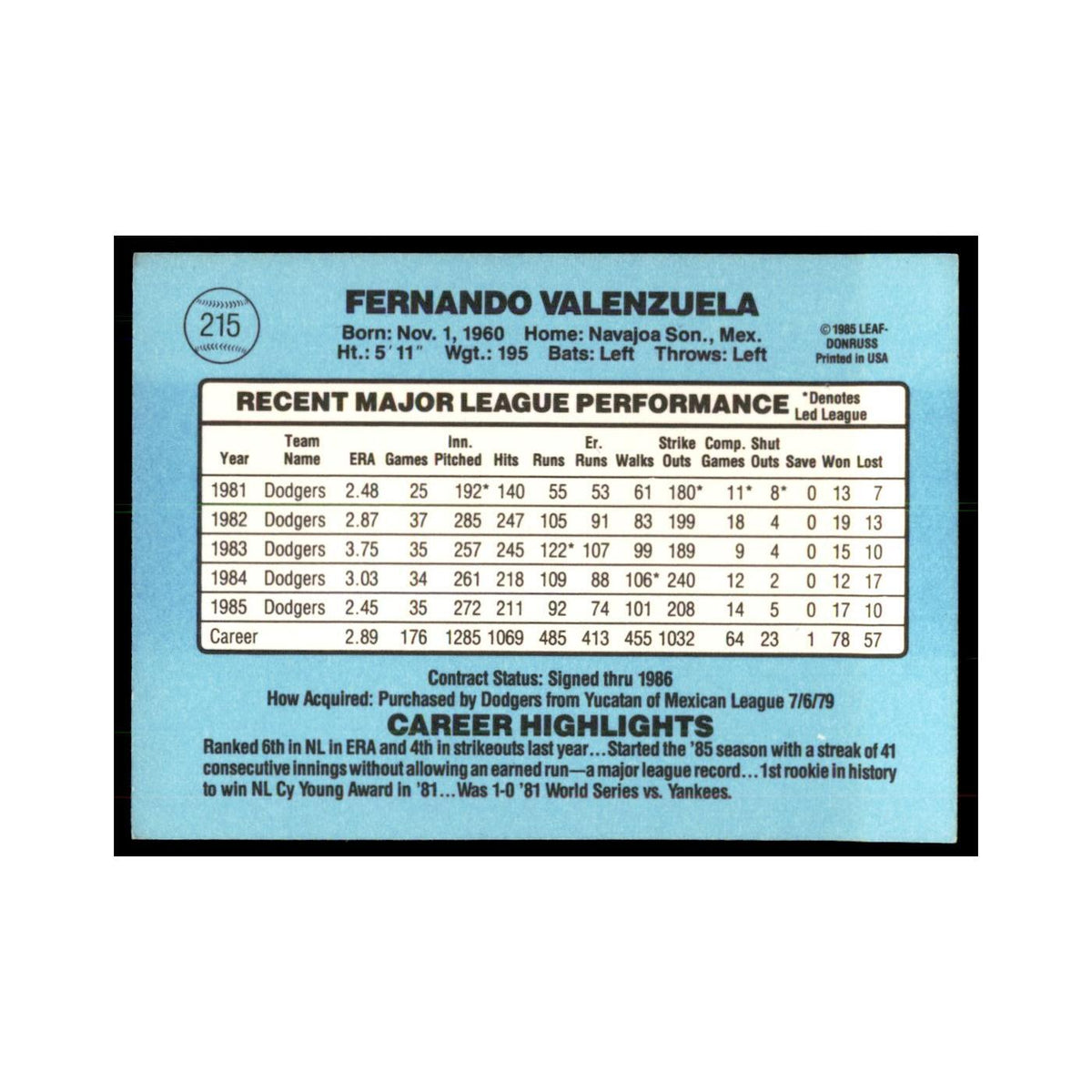 1986 Donruss Fernando Valenzuela Dodgers #215