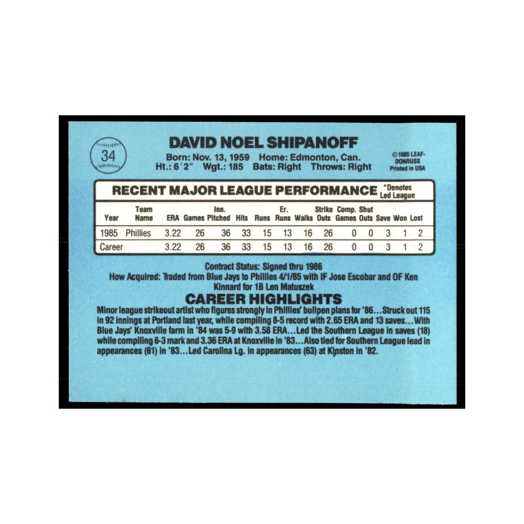 1986 Donruss Dave Shipanoff RC Phillies #34