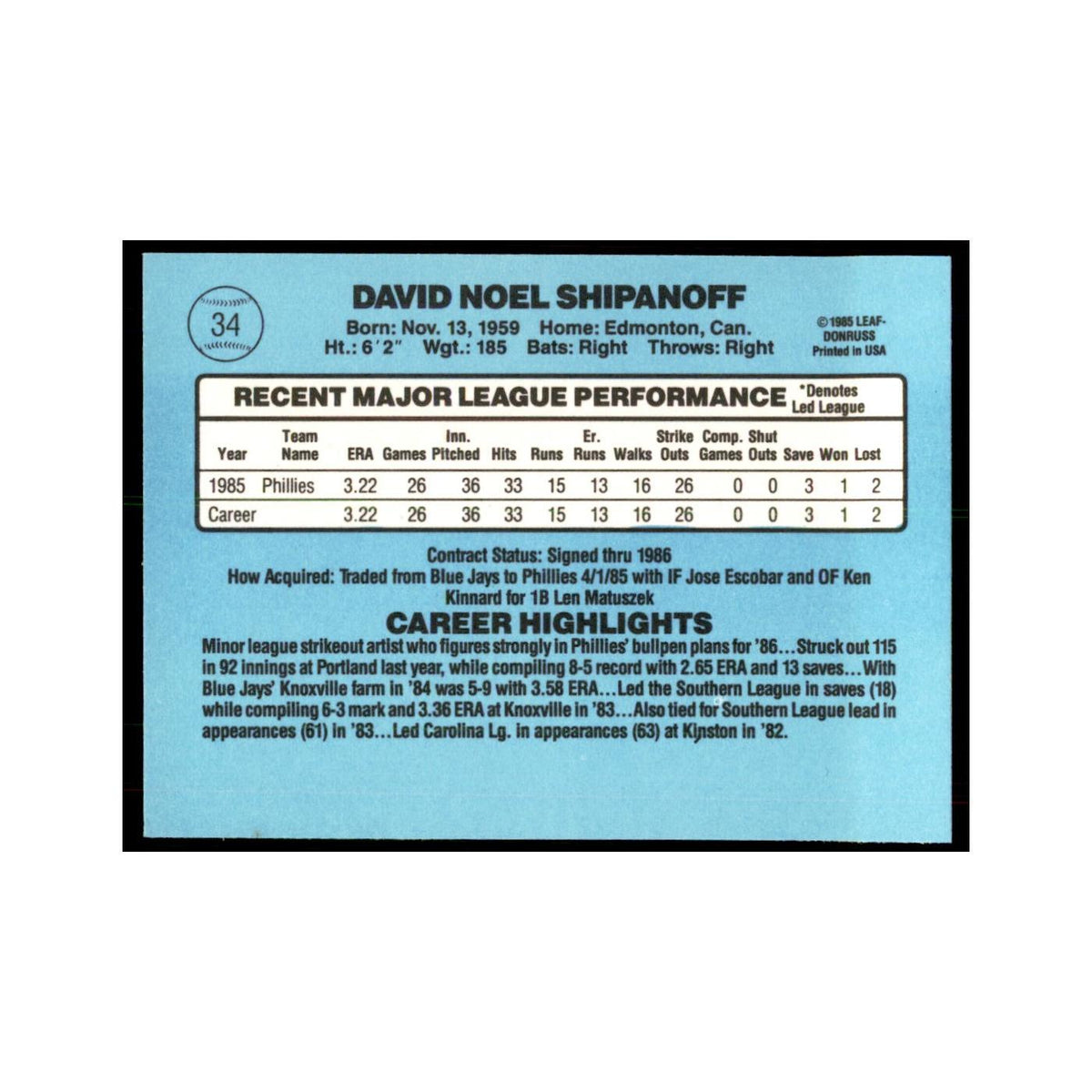 1986 Donruss Dave Shipanoff RC Phillies #34