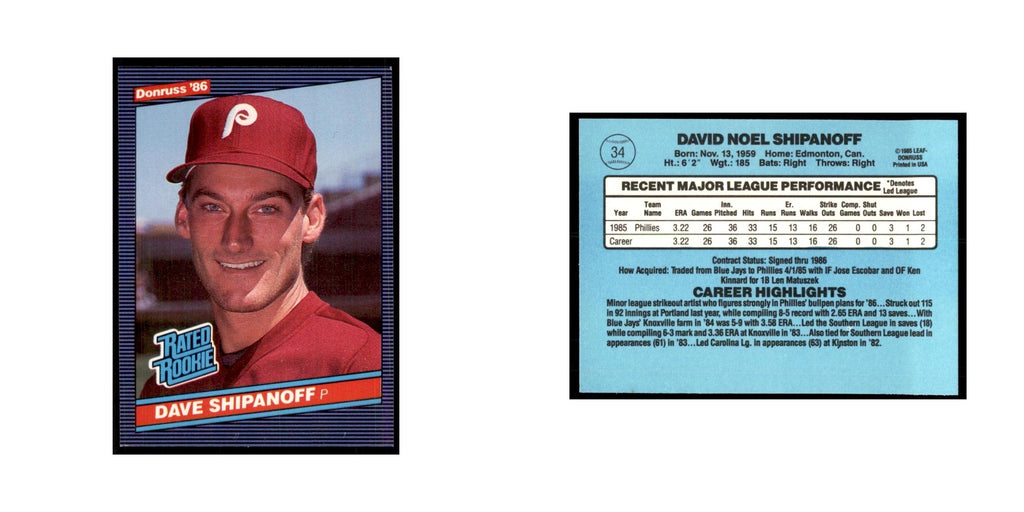 1986 Donruss Dave Shipanoff RC Phillies #34