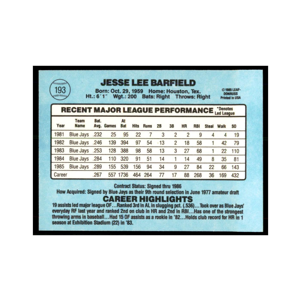 1986 Donruss Jesse Barfield Blue Jays #193