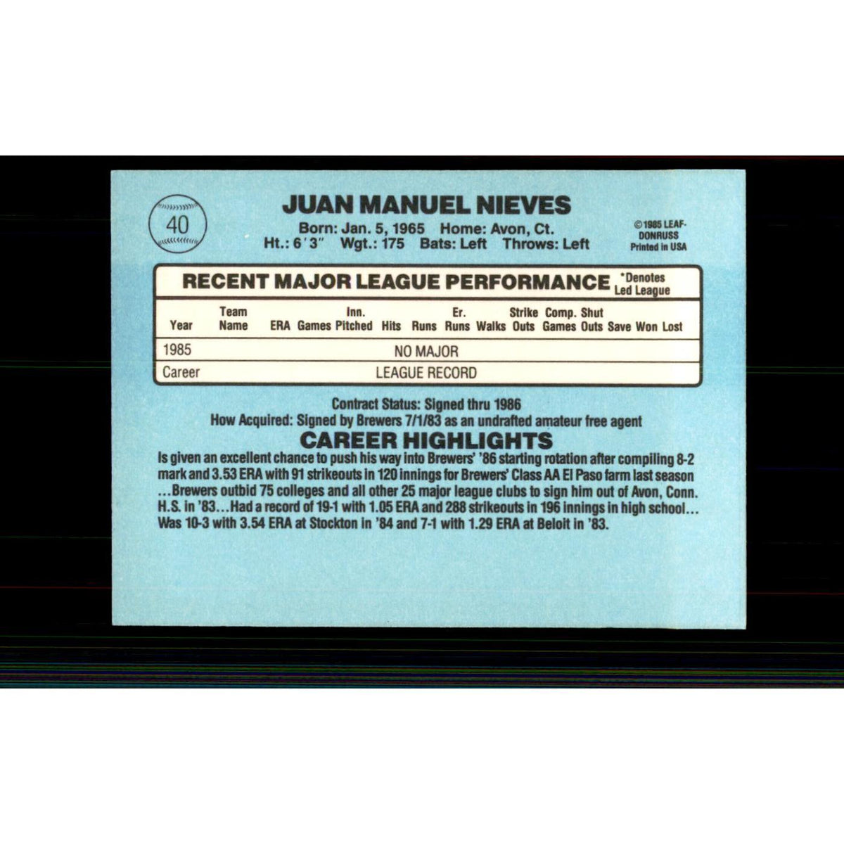 1986 Donruss Juan Nieves RC Brewers #40