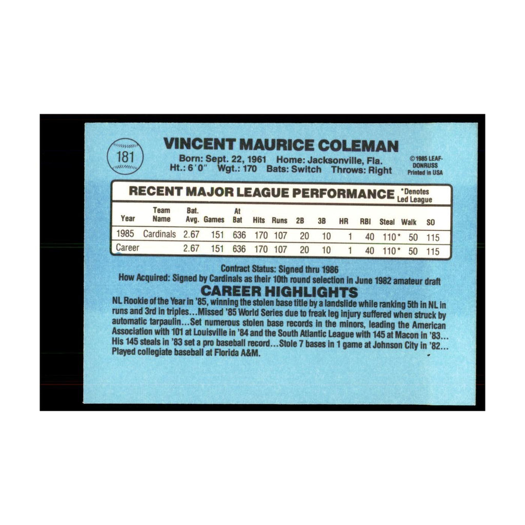 1986 Donruss Vince Coleman RC Cardinals #181