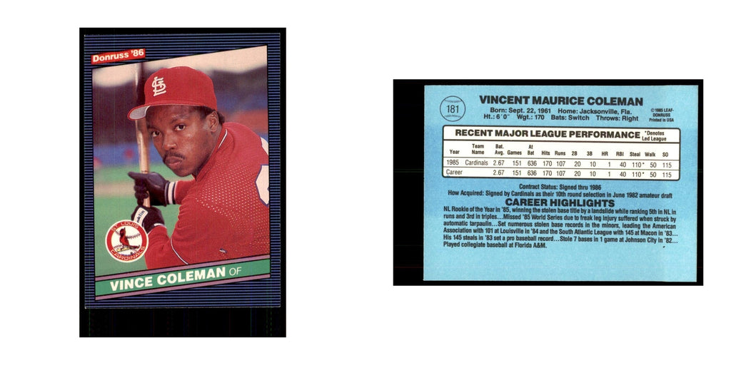 1986 Donruss Vince Coleman RC Cardinals #181