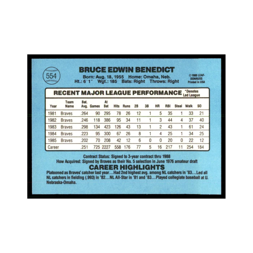 1986 Donruss Bruce Benedict Braves #554