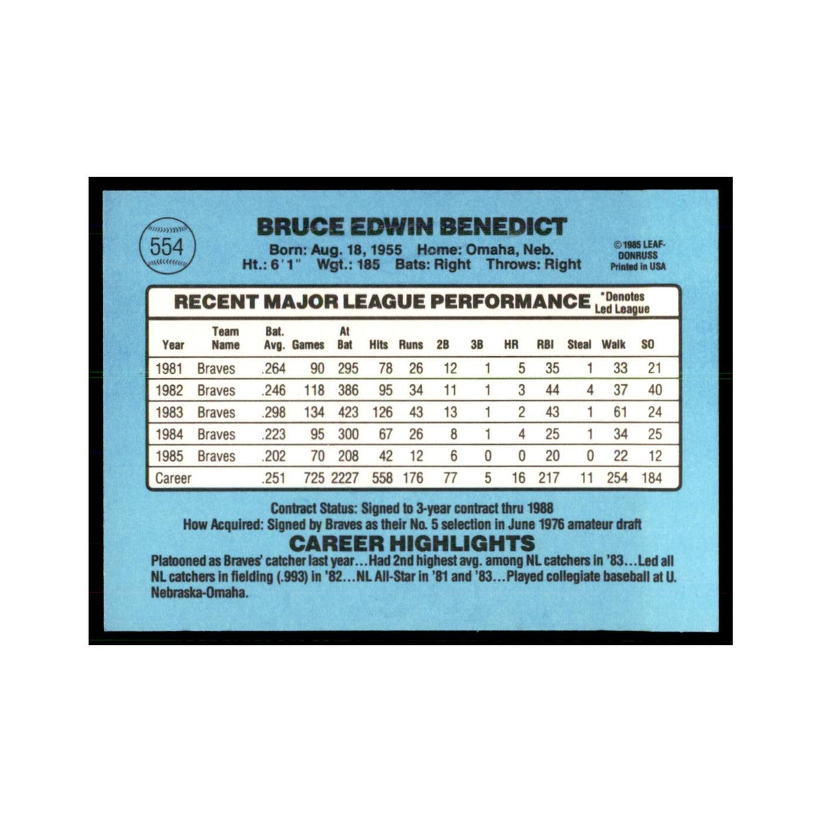 1986 Donruss Bruce Benedict Braves #554