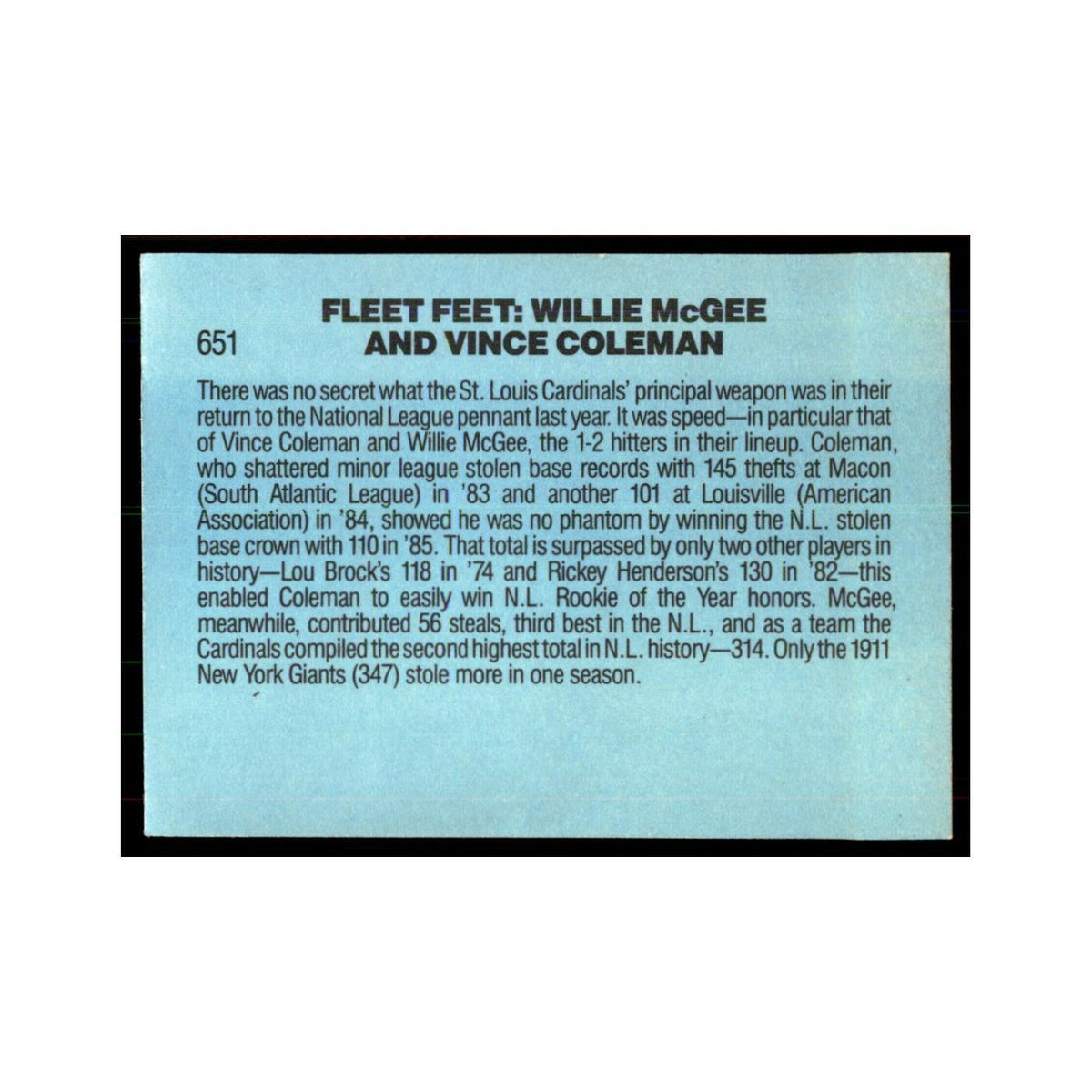 1986 Donruss Fleet Feet (Willie McGee/Vince Coleman) Cardinals #651