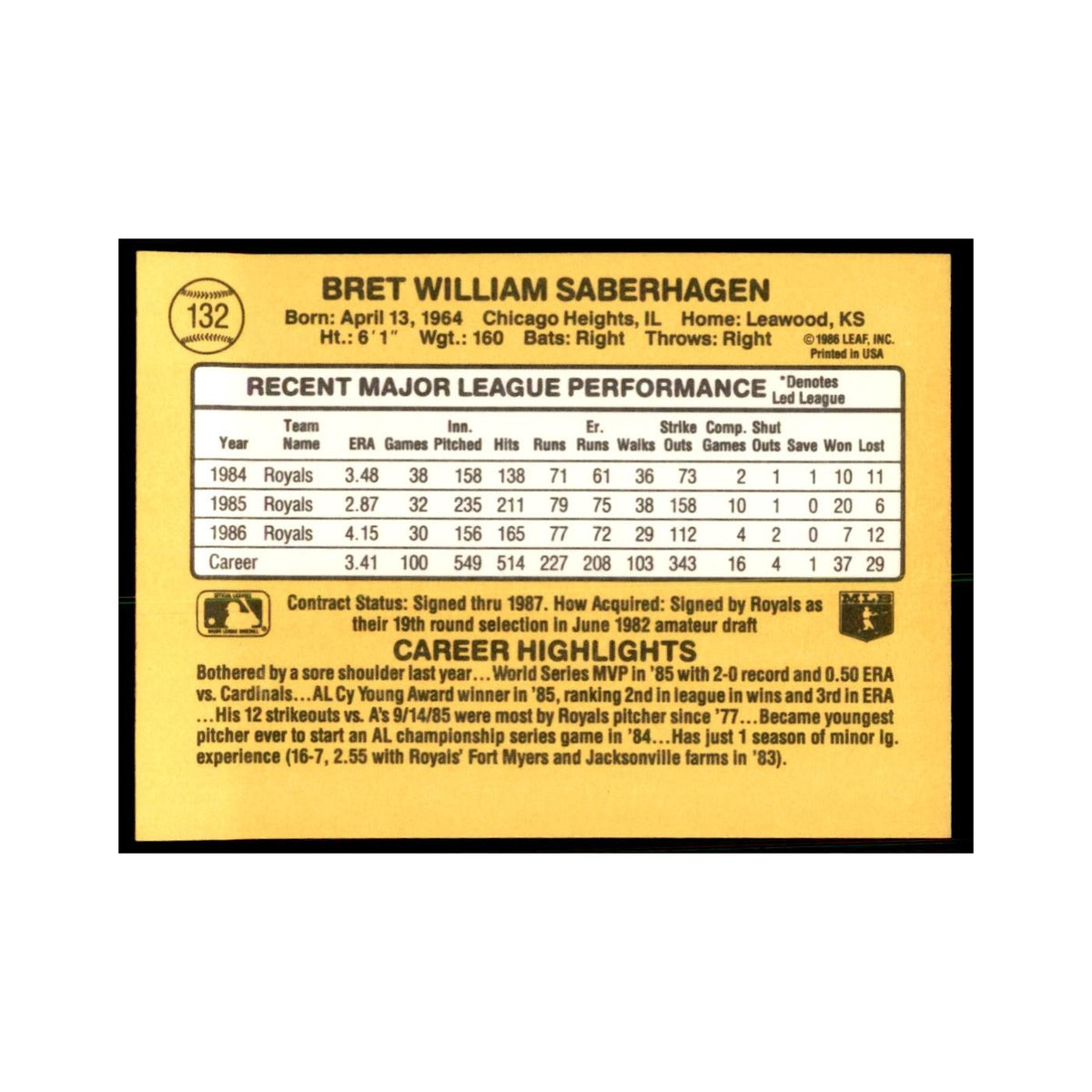 1987 Donruss Bret Saberhagen Baseball Cards #132