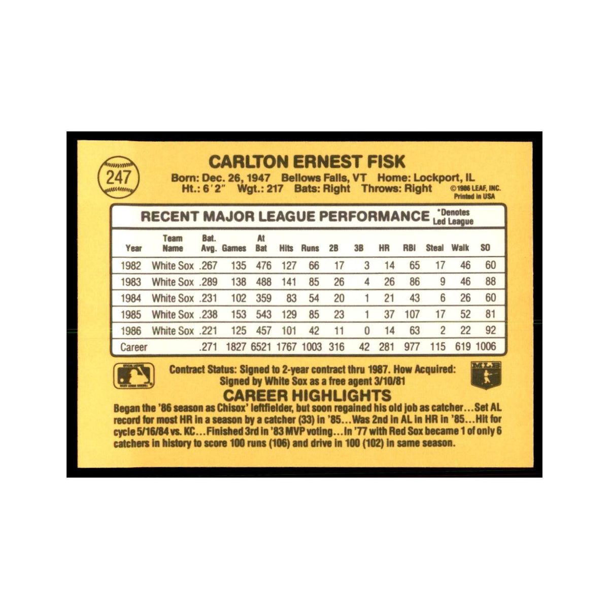 1987 Donruss Carlton Fisk Baseball Cards #247