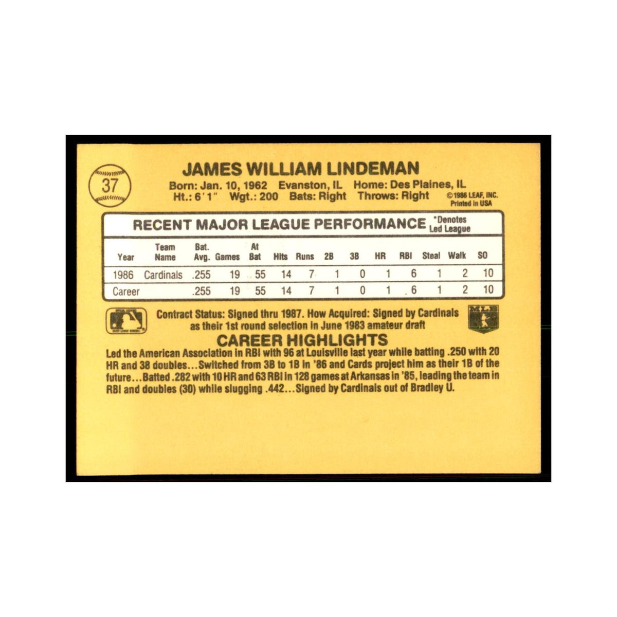 1987 Donruss Jim Lindeman Baseball Cards #37