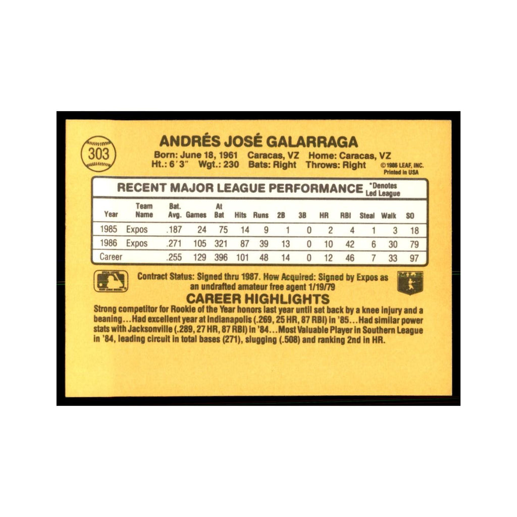 1987 Donruss Andres Galarraga Baseball Cards #303