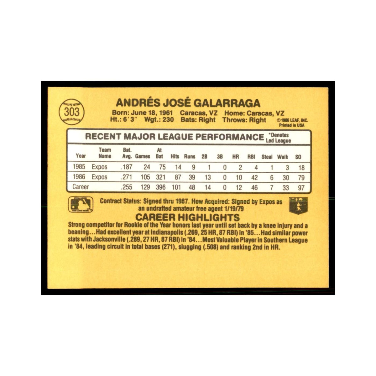 1987 Donruss Andres Galarraga Baseball Cards #303