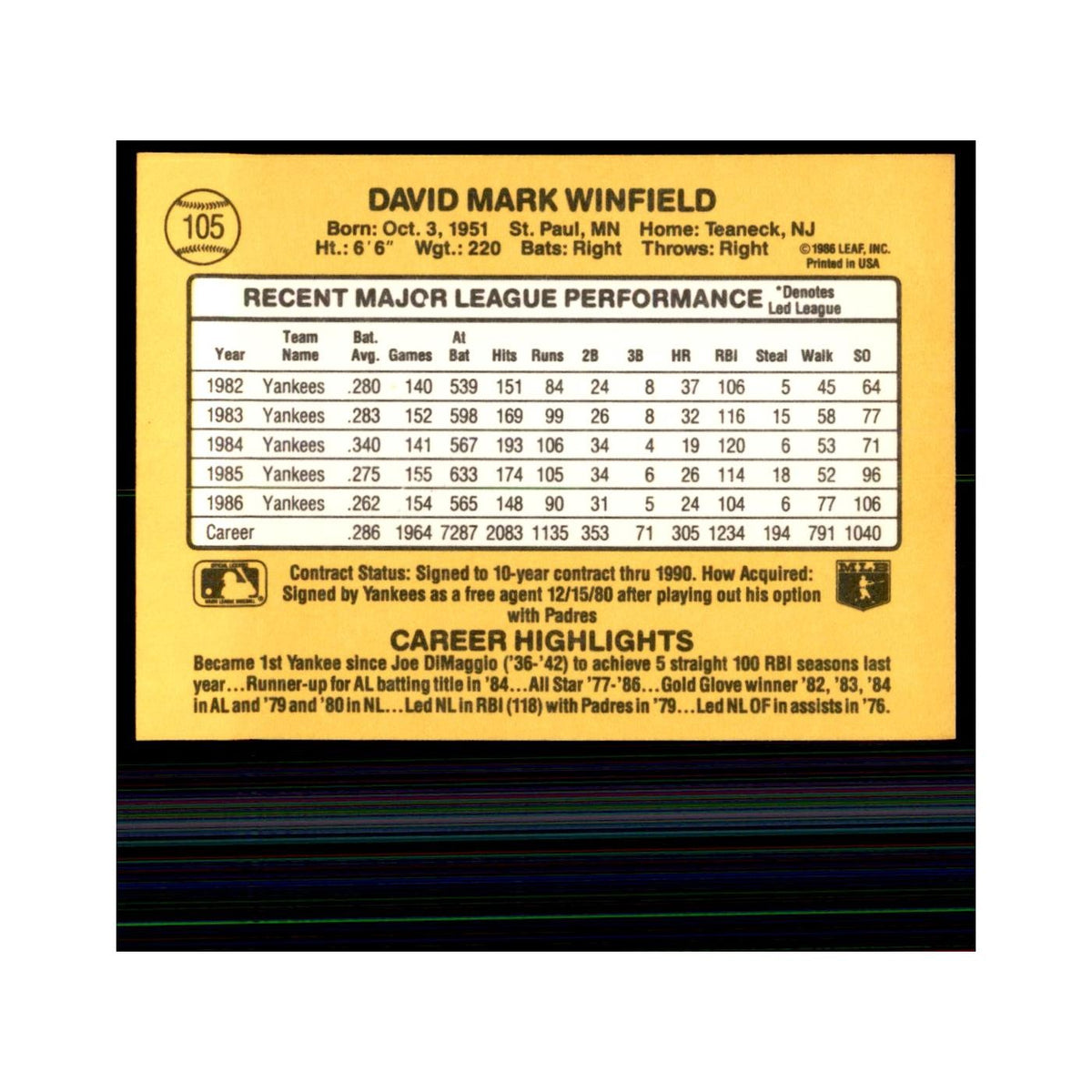 1987 Donruss Dave Winfield Baseball Cards #105