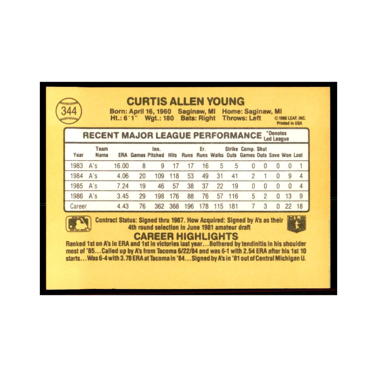 1987 Donruss Curt Young Baseball Cards #344