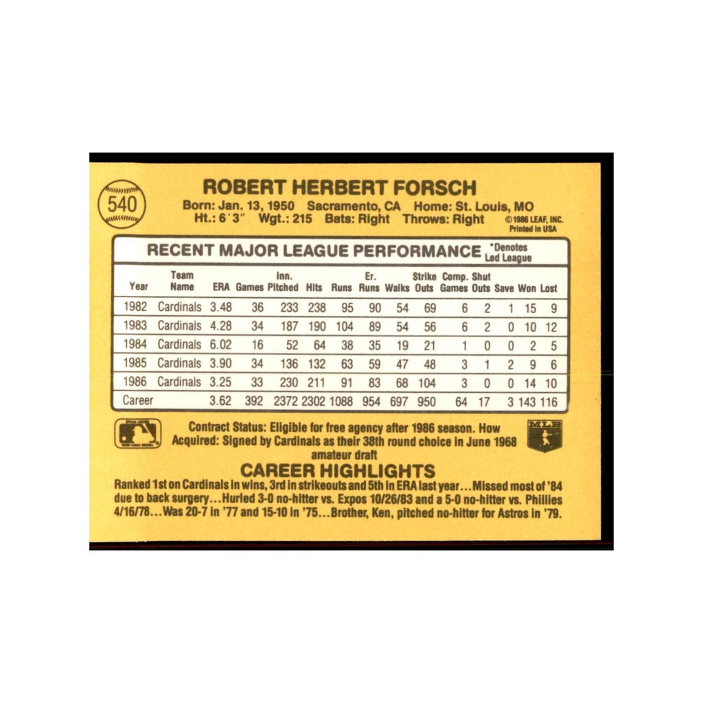 1987 Donruss Bob Forsch Baseball Cards #540