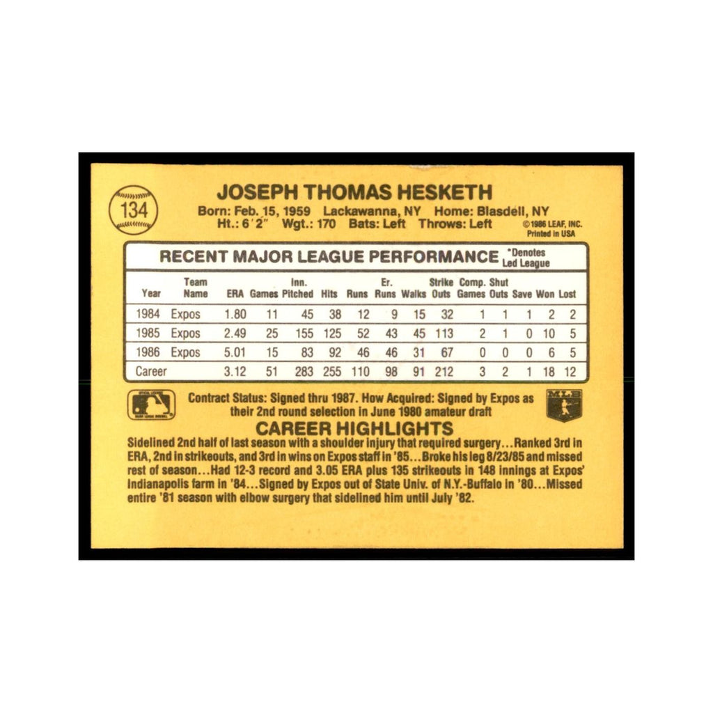 1987 Donruss Joe Hesketh Baseball Cards #134