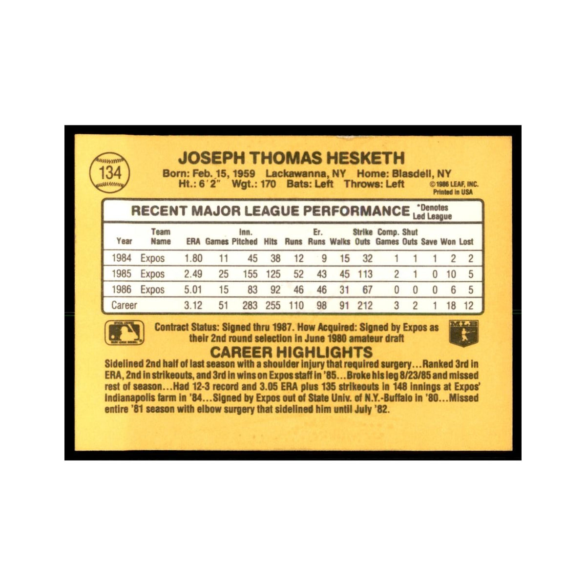 1987 Donruss Joe Hesketh Baseball Cards #134