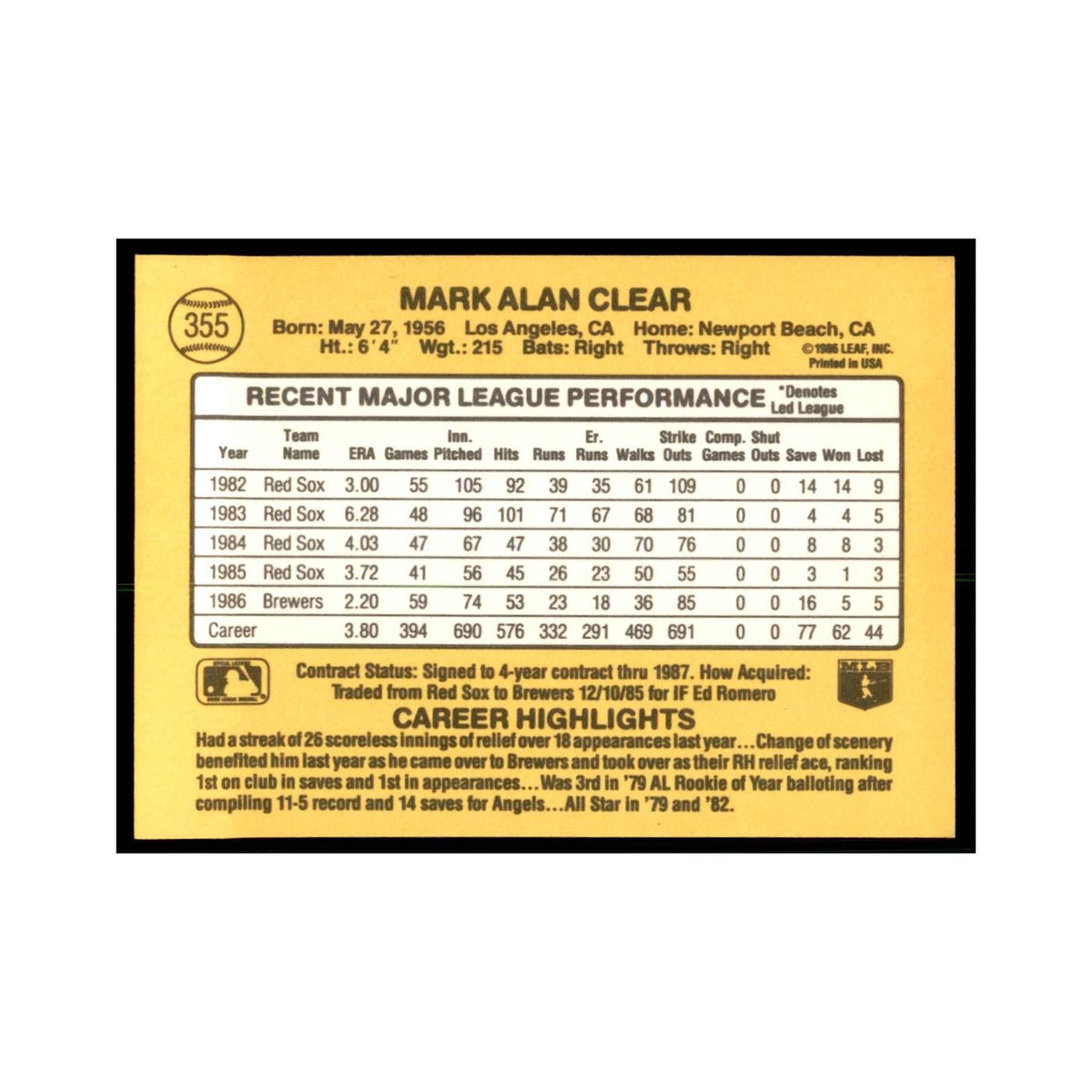 1987 Donruss Mark Clear Baseball Cards #355