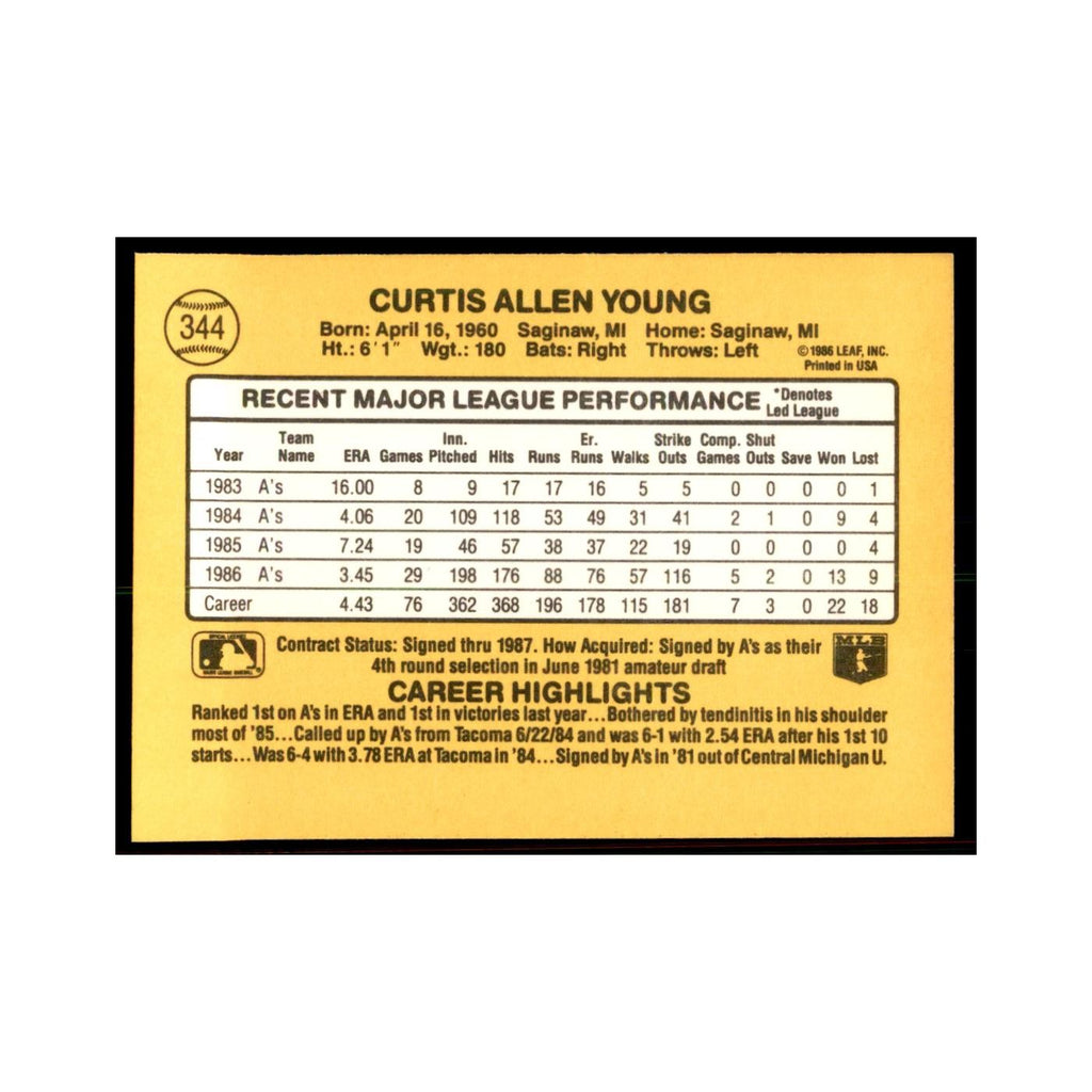 1987 Donruss Curt Young Baseball Cards #344