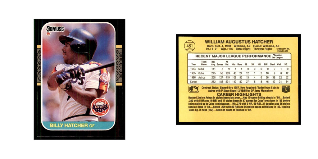 1987 Donruss Billy Hatcher Baseball Cards #481