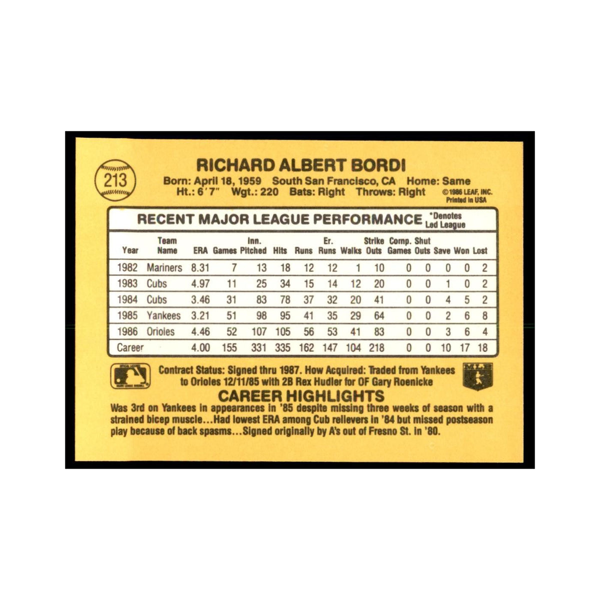 1987 Donruss Rich Bordi Baseball Cards #213