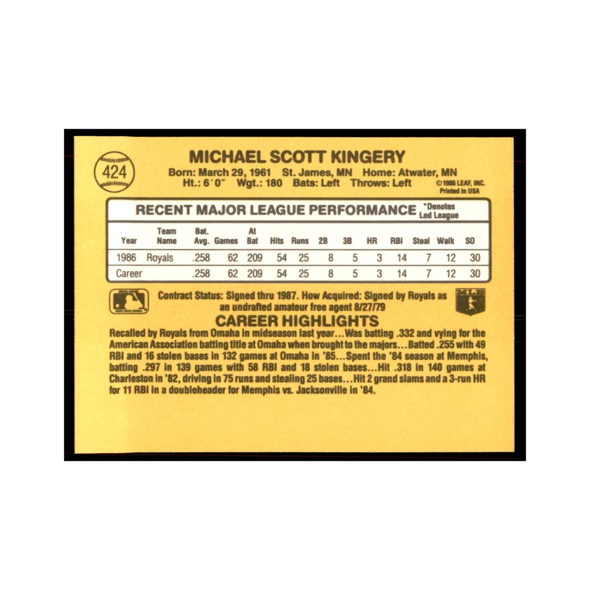 1987 Donruss Mike Kingery Baseball Cards #424